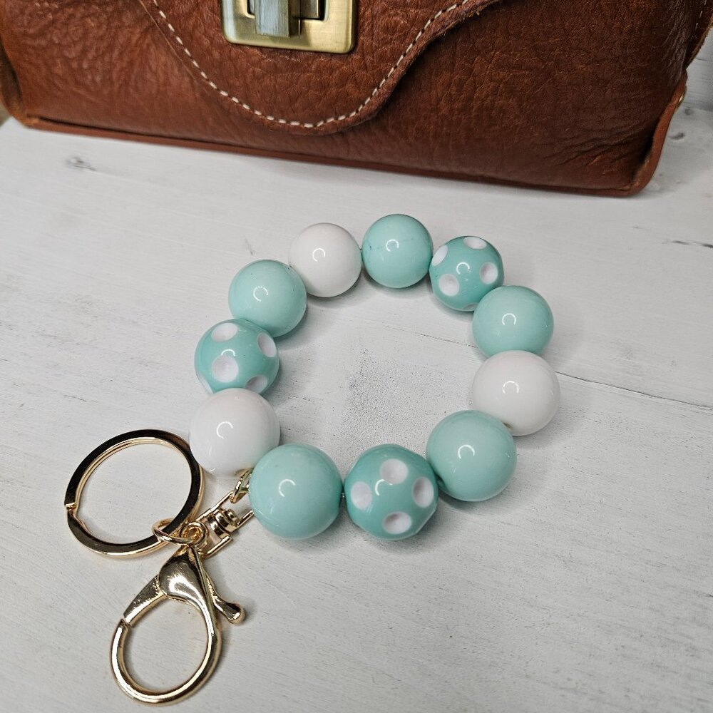 Mint Green and white Gold tone Large Bead Key Chain Bag Pull